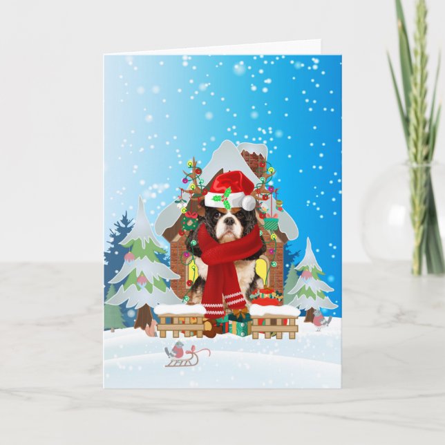  Cavalier King in snow with Christmas gifts Card (Front)
