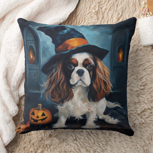 Cavalier King Pumpkins Halloween Scary  Throw Pillow (Blanket)