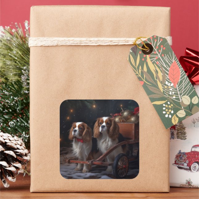 Cavalier King Snowy Sleigh Christmas Decor   Square Sticker (Holiday)
