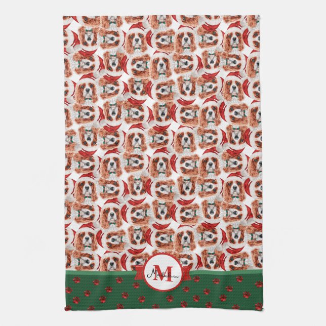 Cavalier King Spaniel Monogram Christmas Dog Kitchen Towel (Vertical)