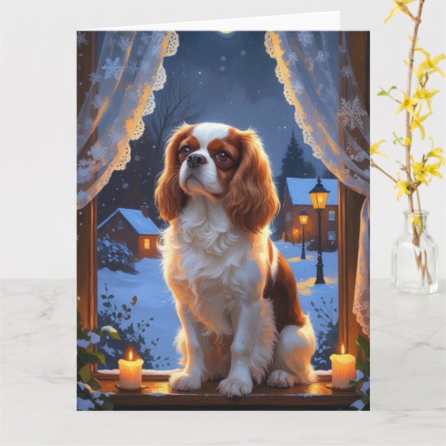 Cavalier King with Christmas Lights Holiday Card (Yellow Flower)
