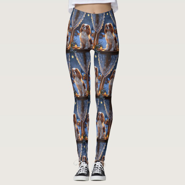 Cavalier King with Christmas Lights Holiday Leggings (Front)