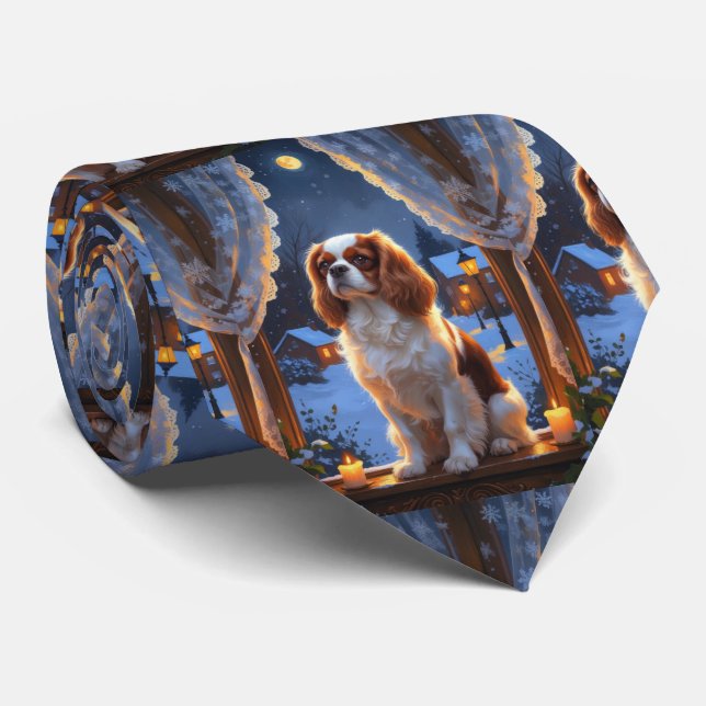 Cavalier King with Christmas Lights Holiday Neck Tie (Rolled)