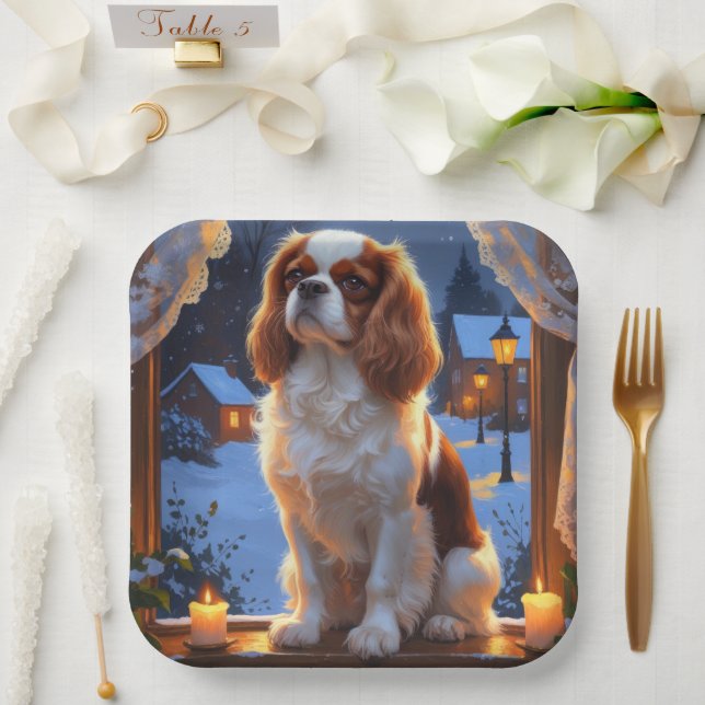Cavalier King with Christmas Lights Holiday Paper Plates (Wedding)