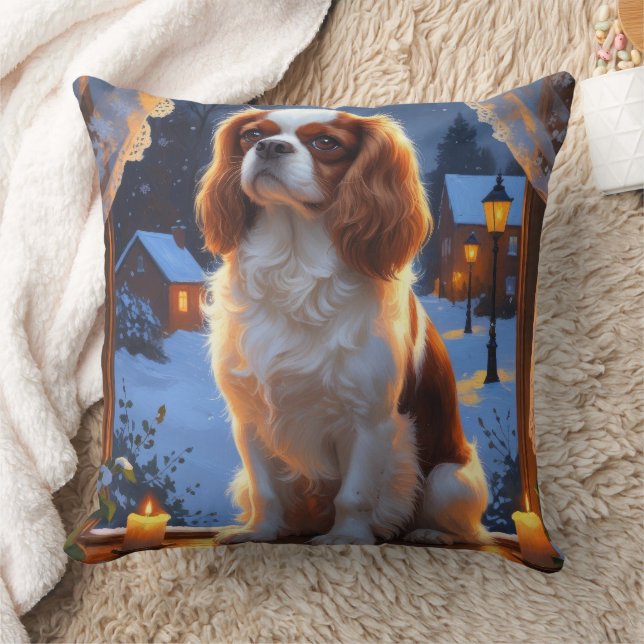 Cavalier King with Christmas Lights Holiday Throw Pillow (Blanket)