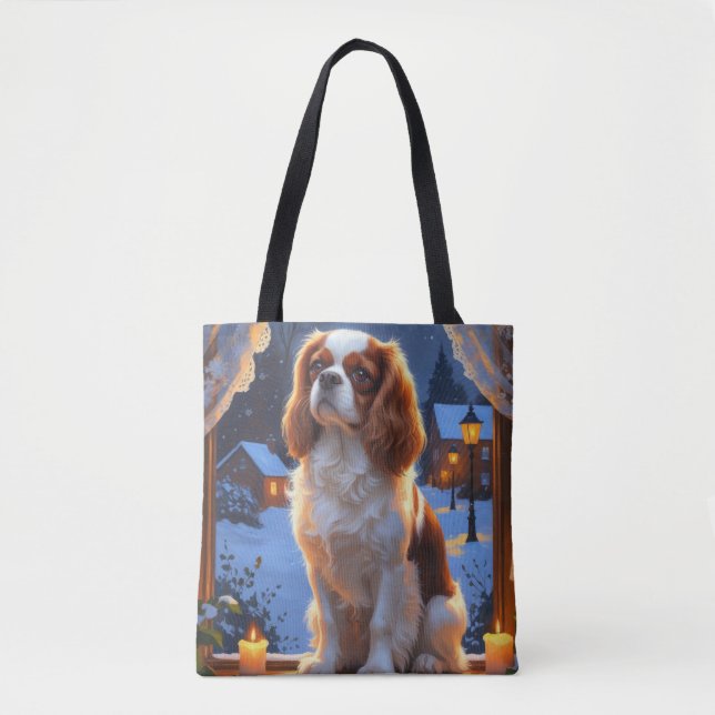 Cavalier King with Christmas Lights Holiday Tote Bag (Front)