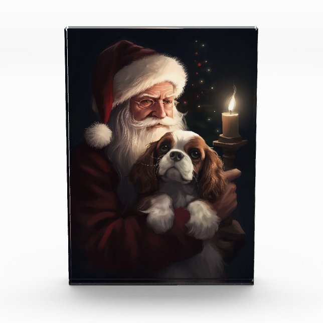 Cavalier King With Santa Claus Festive Christmas Acrylic Award (Front)