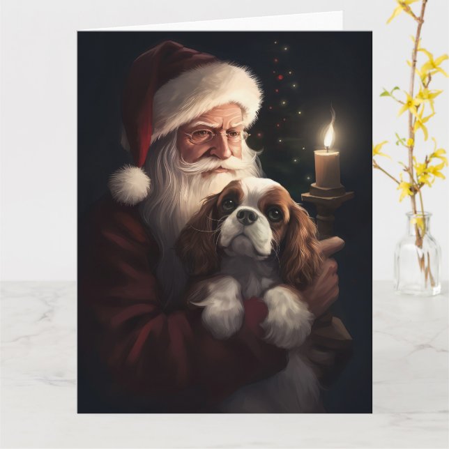 Cavalier King With Santa Claus Festive Christmas Card (Yellow Flower)