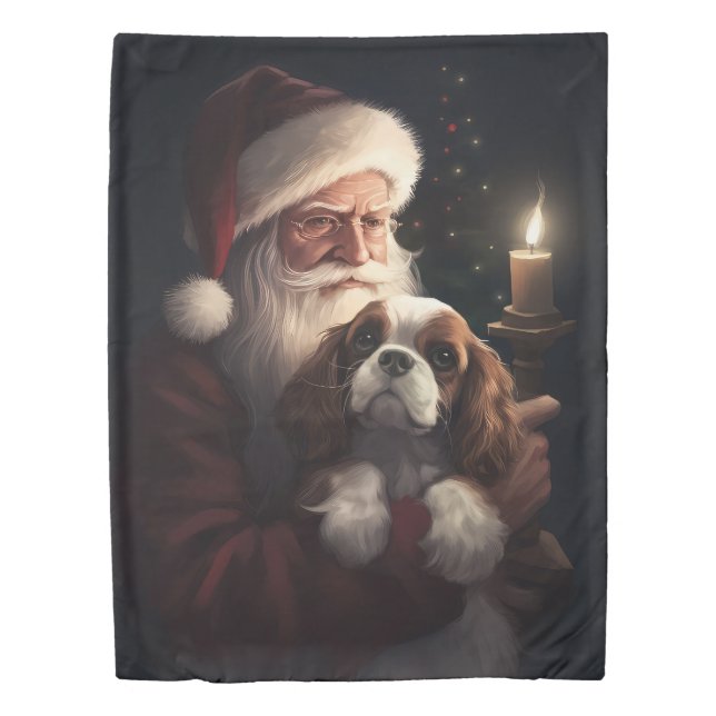 Cavalier King With Santa Claus Festive Christmas Duvet Cover (Front)