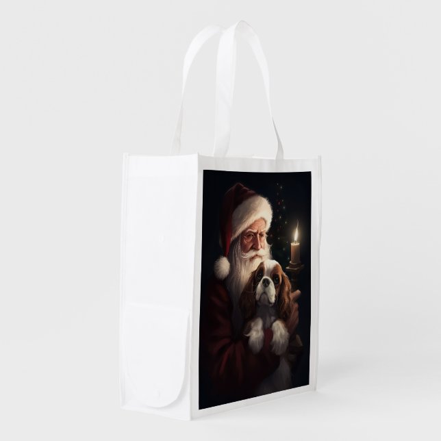 Cavalier King With Santa Claus Festive Christmas Grocery Bag (Front Side)