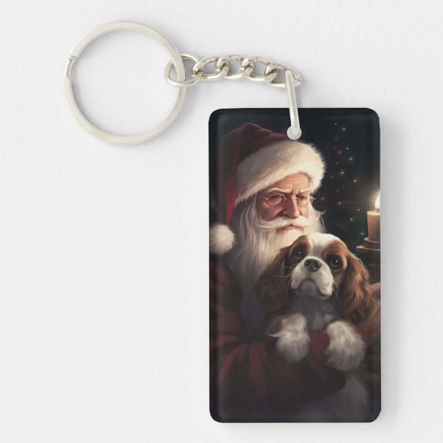 Cavalier King With Santa Claus Festive Christmas Keychain (Front)