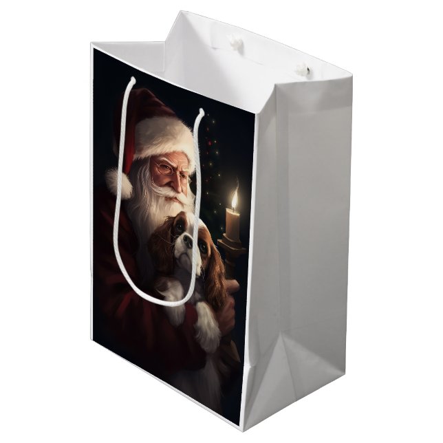 Cavalier King With Santa Claus Festive Christmas Medium Gift Bag (Front Angled)
