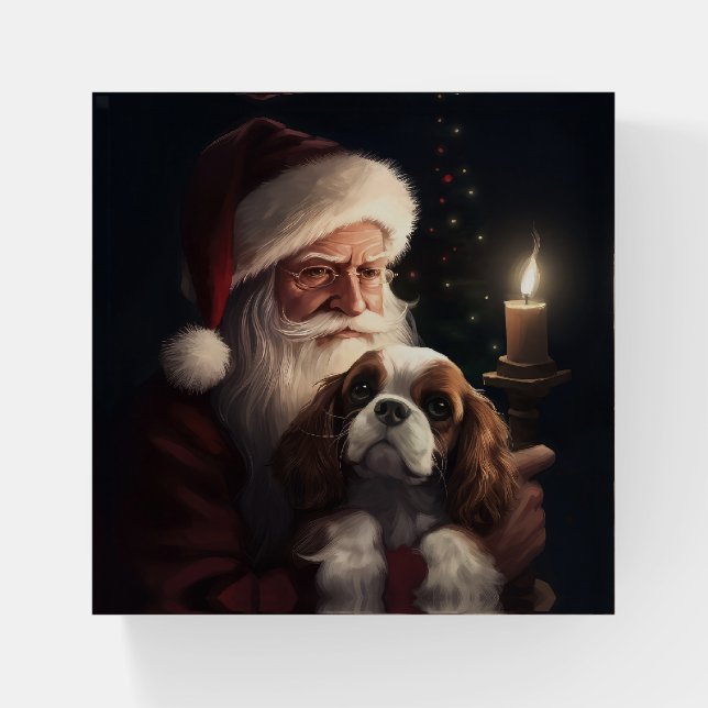 Cavalier King With Santa Claus Festive Christmas Paperweight (Front)