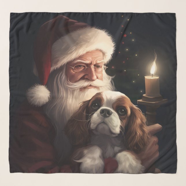 Cavalier King With Santa Claus Festive Christmas Scarf (Front)