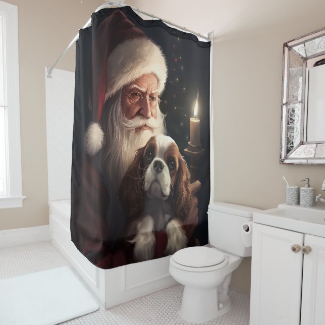 Cavalier King With Santa Claus Festive Christmas Shower Curtain (In Situ)