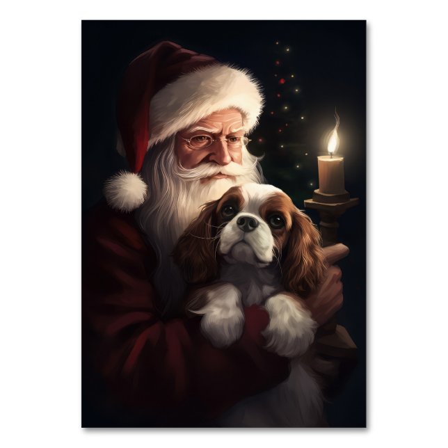 Cavalier King With Santa Claus Festive Christmas Table Number (Front)