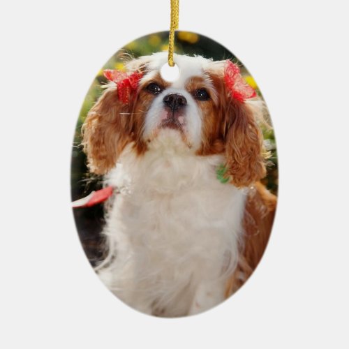 Cavalier Puppy with bows Ceramic Ornament