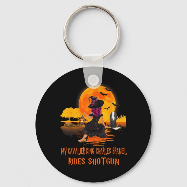 Cavalier Rides Shotgun Dog And Witch Funny Keychain (Front)