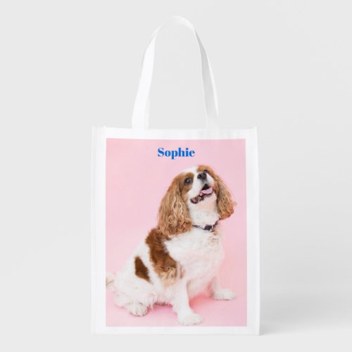 Cavalier Spaniel Dog or Your Photo Blue Name Vs 2 Grocery Bag
