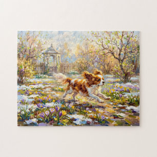 Cavalier Spaniel in Blooming Spring Garden Jigsaw Puzzle