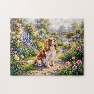 Cavalier Spaniel in Summer Garden by Pond Jigsaw Puzzle