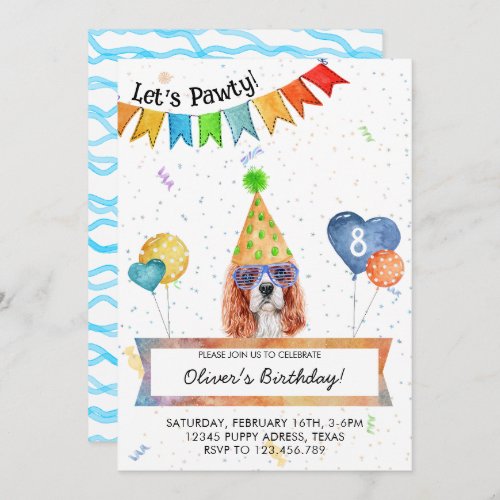 Cavalier Spaniel Lets Pawty Dog Birthday Party Invitation