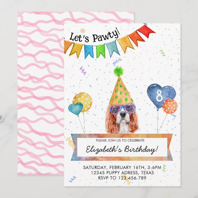 Cavalier Spaniel Lets Pawty Dog Birthday Party Invitation (Front/Back)