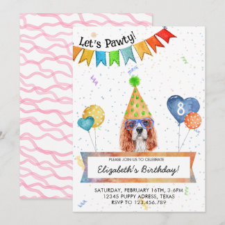 Cavalier Spaniel Lets Pawty Dog Birthday Party Invitation