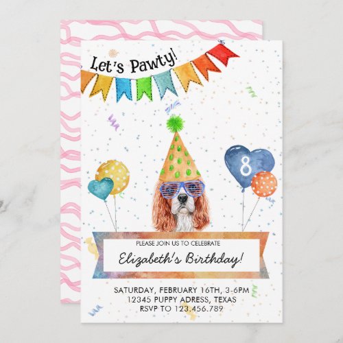 Cavalier Spaniel Lets Pawty Dog Birthday Party Invitation