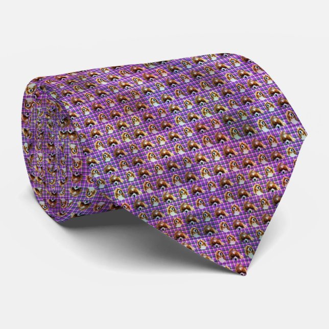 Cavalier Spaniels On Purple Tartan, Neck Tie (Rolled)
