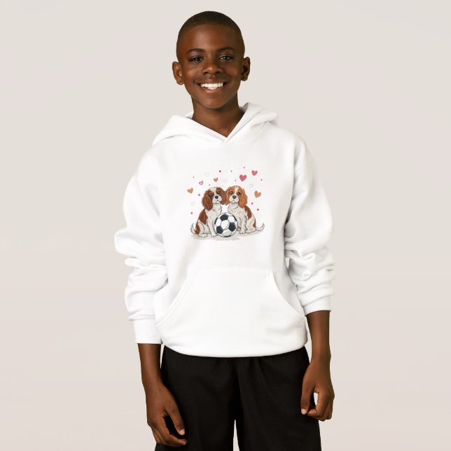 Cavalier Spaniels with soccer ball for Valentine's Hoodie (Front Full)