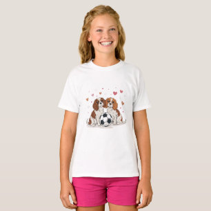 Cavalier Spaniels with soccer ball for Valentine's T-Shirt