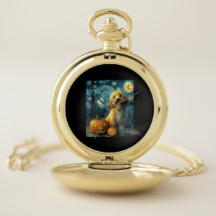 Cavapoo Cute Dog Halloween Jack O Lantern Pumpkin Pocket Watch
