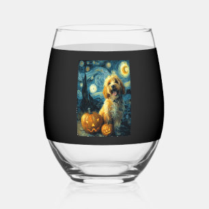 Cavapoo Cute Dog Halloween Jack O Lantern Pumpkin Stemless Wine Glass