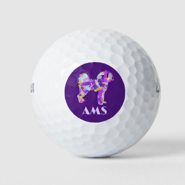 Cavapoo Cute Dog Purple Silhouette Monogram Golf Balls (Front)