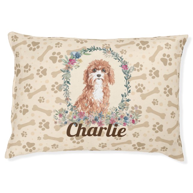 Cavapoo Dog Paw Print & Dog Bone Cute  Pet Bed (Front)
