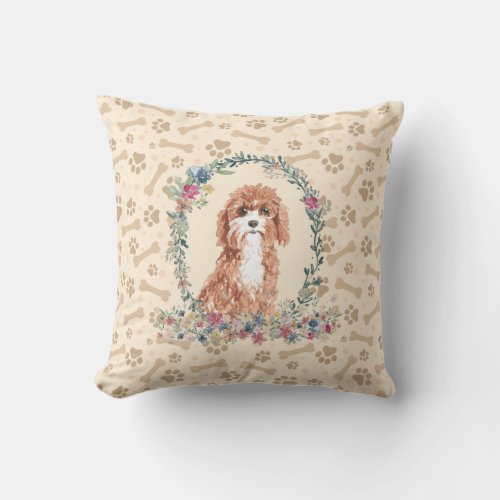 Cavapoo Dog Paw Print  Floral Cute Throw Pillow