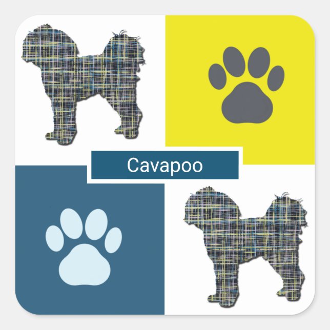 Cavapoo Dog Silhouette & Paw Y&B Grid Square Sticker (Front)