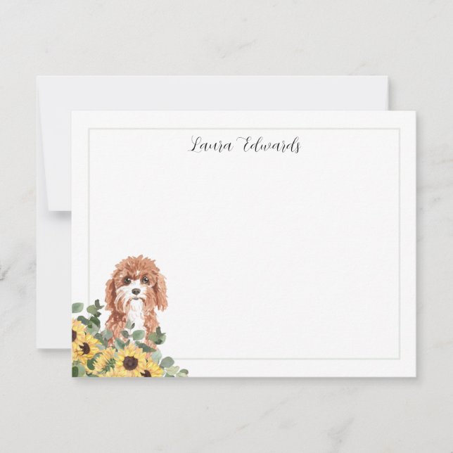 Cavapoo Dog Sunflower Eucalyptus Personalized Note Card (Front)