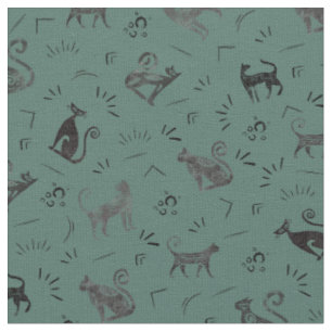 Cave Art Cats on Dark Gray Turquoise Fabric