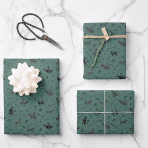 Cave Art Cats on Dark Gray Turquoise Wrapping Paper Sheets