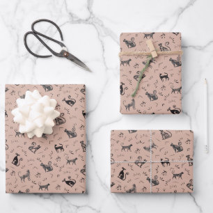 Cave Art Cats on Pastel Gray Orange Wrapping Paper Sheets