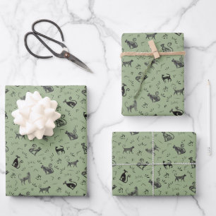 Cave Art Cats on Sage Green Wrapping Paper Sheets