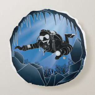 Cave Diving - Underwater Scuba Diver Round Pillow