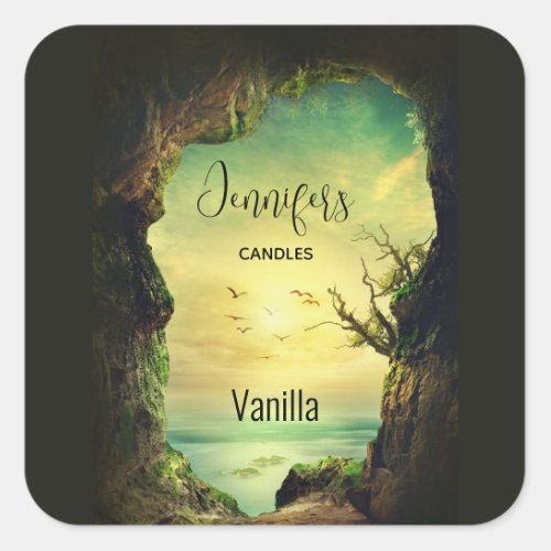 Cave overlooking a Tropical Sea Candle Business Square Sticker