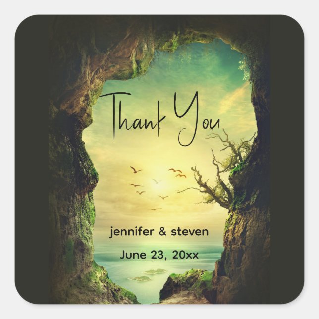 Cave overlooking a Tropical Sea Event Thank You Square Sticker (Front)