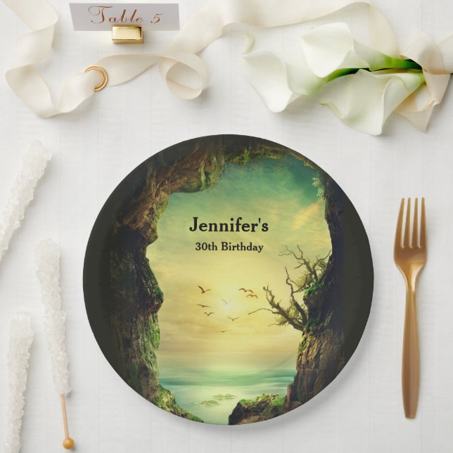 Cave overlooking a Tropical Sea Photo Birthday Paper Plates (Wedding)