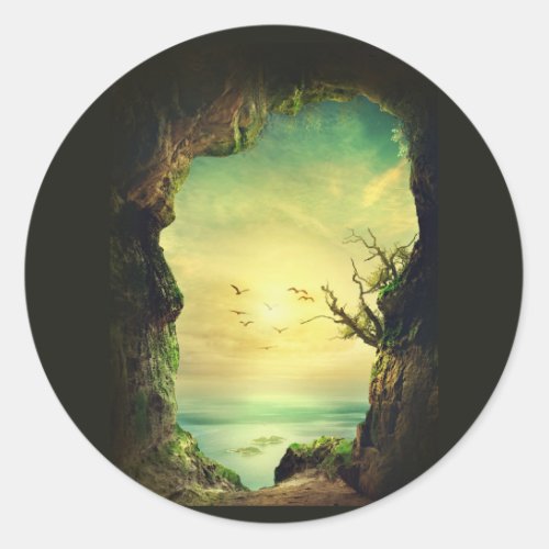 Cave overlooking a Tropical Sea Scenic Photo Classic Round Sticker