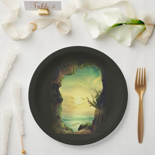Cave overlooking a Tropical Sea Scenic Photo Paper Plates (Wedding)