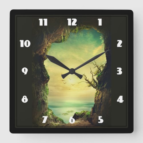 Cave overlooking a Tropical Sea Scenic Photo Square Wall Clock